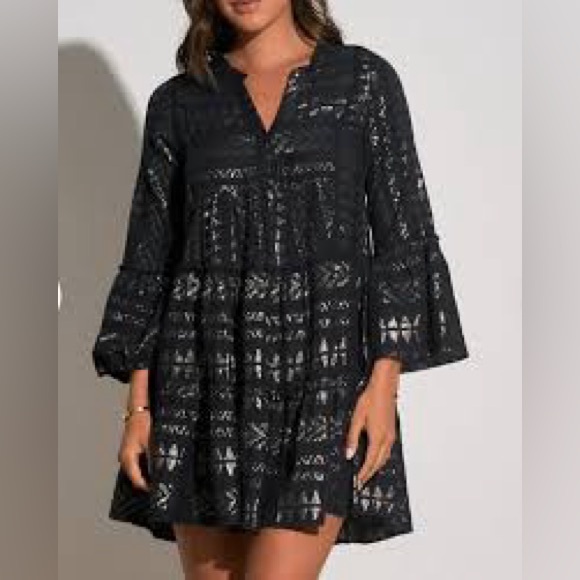 Elan Clara Black/Metallic Gold Patterned Tiered Dress sz M - Picture 13 of 13